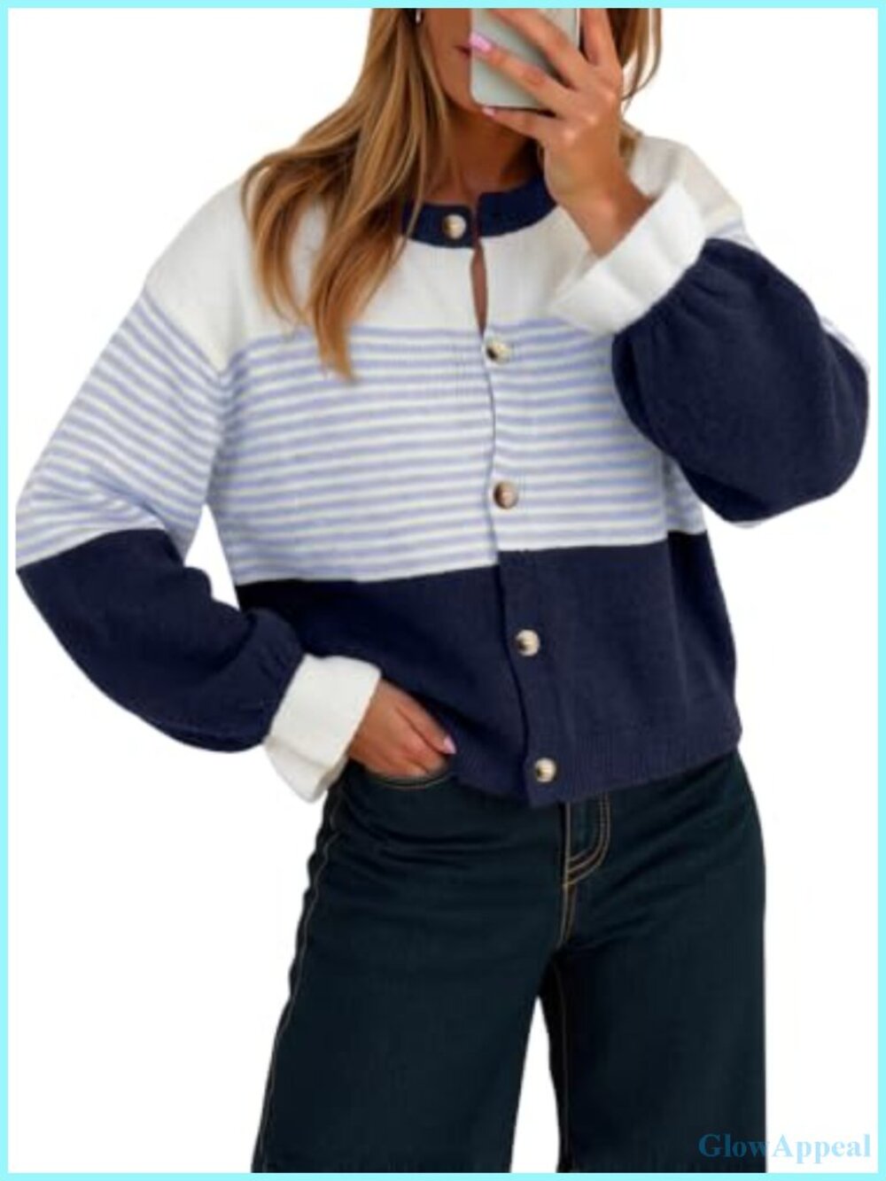 Women's Striped Cropped Cardigan Balloon Sleeve Button Down Knit Sweater